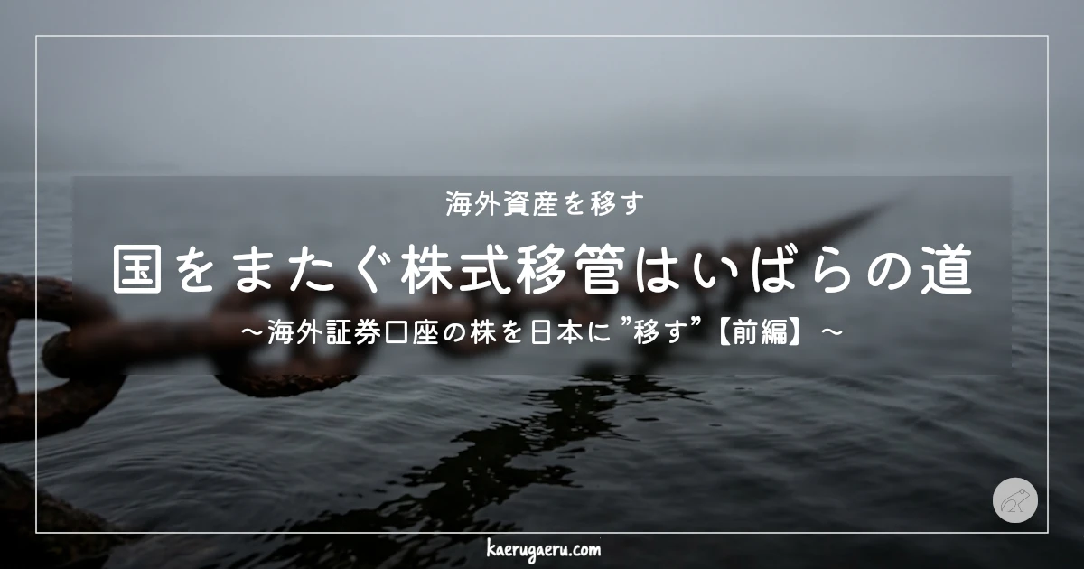 霧が深く立ち込める薄暗い湖（または海）の風景。水面から重厚な鉄製の太いチェーン（錨の鎖）が斜めに伸びており、境界線や繋がりを象徴している。中央の透過帯に「海外資産を移す 国をまたぐ株式移管はいばらの道 〜海外証券口座の株を日本に”移す”【前編】〜」の文字タイトル入り。