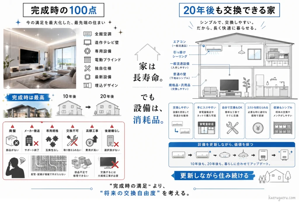 注文住宅の完成時の満足度と将来の交換自由度を比較した図解。左側は全館空調や造作テレビ壁などの最新・専用設備を備えた「完成時の100点」の住まいが、10〜20年後に廃盤、メーカー撤退、高額工事などのリスクに直面する様子を描く。右側は、エアコン、引っ掛けシーリング、汎用品などの「20年後も交換できる家」として、設備を更新しながら暮らしに合わせて住み続ける理想のサイクルを描いている。下部には「“完成時の満足”より、“将来の交換自由度”を考える」というキャッチコピー。