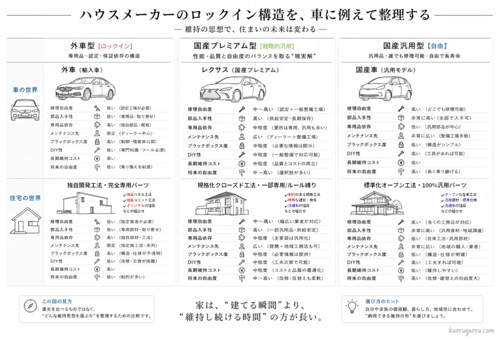 ハウスメーカーのロックイン構造（維持の思想）を車のクラスに例えて比較した解説図。①外車型（独自開発工法・完全専用パーツ。独自パネル、鉄骨ユニット、自社製オリジナル設備など）、②国産プレミアム型（規格化クローズド工法・一部専用ルール縛りと流通系住設の組み合わせ。制約のある規格工法、特殊通気・換気など）、③国産汎用型（標準化オープン工法・100％汎用パーツ。オープンな在来工法、流通系住設など）の3つに分類。修理自由度、部品入手性、メンテナンス先、将来の自由度などの項目をレーダーチャート風の3段階評価で比較し、「家は建てる瞬間より、維持し続ける時間の方が長い」というメッセージと共に、将来のメンテナンス性やロックインのリスクを見極めるための判断基準を提示している図解。