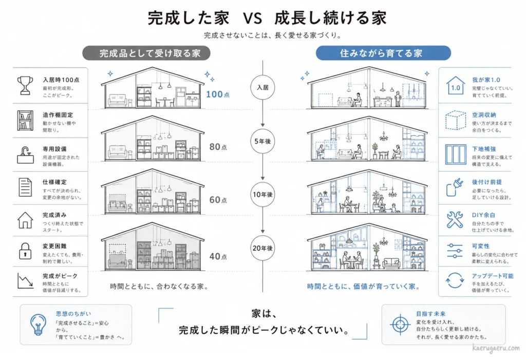 「完成した家 VS 成長し続ける家」をテーマに、家づくりの思想による20年後の暮らしの変化を対比した図。左側の「完成品として受け取る家（減点方式）」では、入居時の100点をピークに、造作棚の固定や仕様確定、変更困難な構造により、5年、10年、20年と時間が経つにつれてライフスタイルに合わなくなり40点まで価値が目減りしていく様子を描写。右側の「住みながら育てる家（加点方式）」では、空洞収納や下地補強、DIY余白、後付け前提の設計により、暮らしの変化に合わせて柔軟に可変・アップデートし、時間とともに価値が育っていく様子をイラストで対比。「家は、完成した瞬間がピークじゃなくていい。」という住まいの柔軟性の思想を提示している。