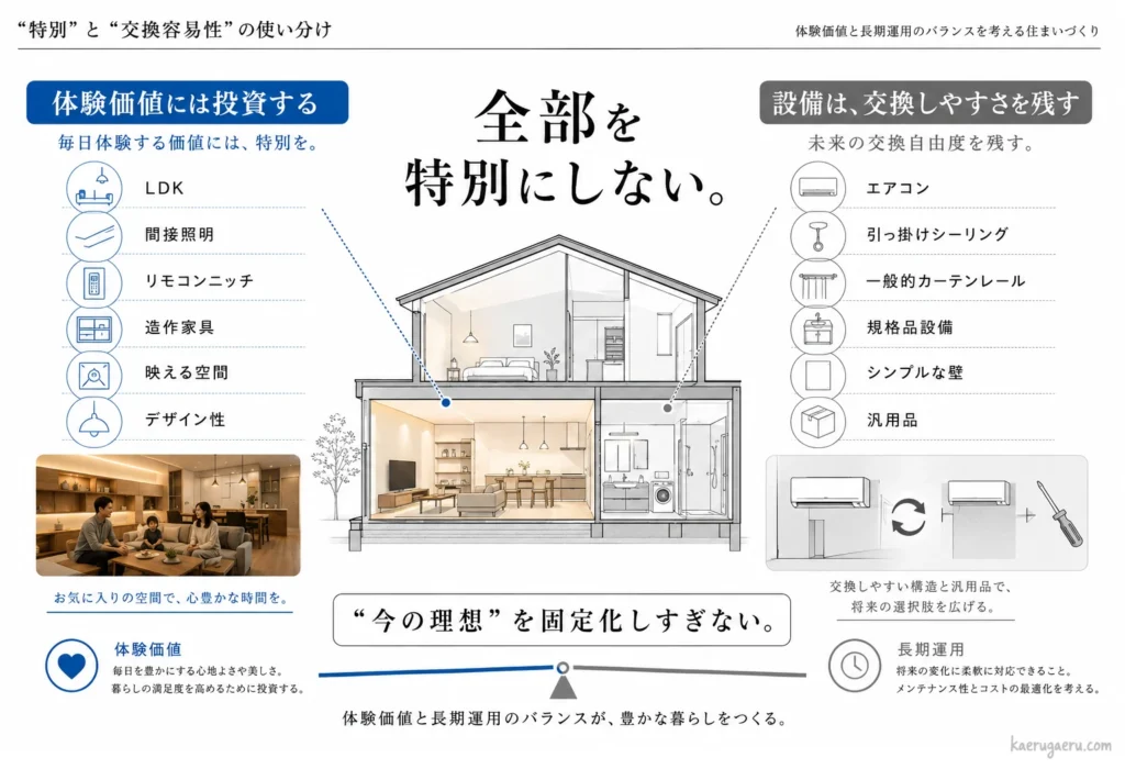 家づくりにおける「特別」と「交換容易性」の使い分けを天秤（スライダー）のイラストで表現した２階建ての住宅断面図。毎日体験する価値（LDK、間接照明、リモコンニッチ、造作家具など）には投資して「体験価値」を高める一方、将来の変化に柔軟に対応する部分（エアコン、引っ掛けシーリング、一般的カーテンレール、汎用品など）はシンプルにして「長期運用」の交換しやすさを残す。中央には「全部を特別にしない。 “今の理想”を固定化しすぎない。」というキャッチコピー。