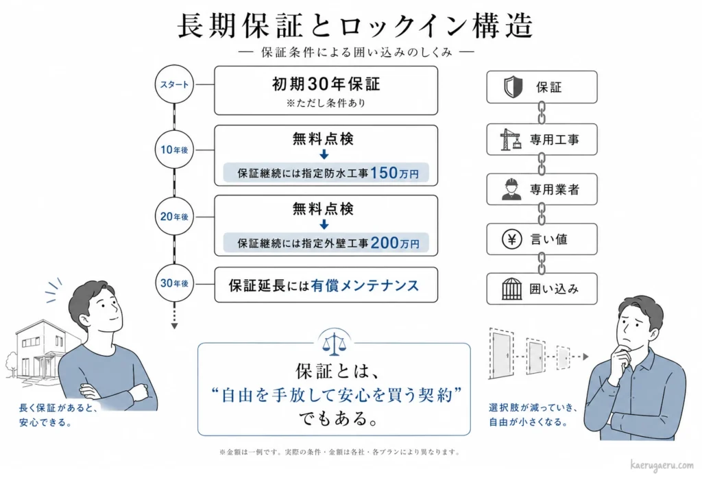 ハウスメーカーの「初期保証」の裏にあるコスト構造を解説した図。「初期保証30年（実質サブスク）」というタイトルのもと、10年目の無料点検後に指定防水工事（150万円）、20年目の無料点検後に指定外壁工事（200万円）、30年目の無料点検後に設備更新（＋α）という有償メンテナンス工事がタイムライン形式で並び、30年間で総額数百万円規模の維持費が積み上がる仕組みを可視化。営業マンの「30年保証だから安心」というトークに対して、実際は他社を排除して言い値の専用工事を続けさせる「囲い込み（ロックイン構造）」であることを解説している。