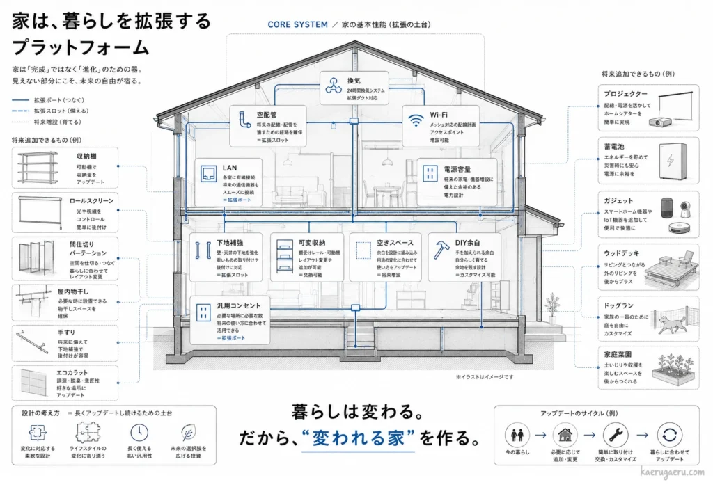 「家は、暮らしを拡張するプラットフォーム」をテーマに、将来のライフスタイル変化に柔軟に対応するための住宅設計思想を示した構造図。家を「完成品」ではなく「進化のための器」と定義し、空配管を「拡張スロット」、LANや汎用コンセントを「拡張ポート」として解説。下地補強や可変収納、DIY余白をあらかじめ仕込んでおくことで、将来的にプロジェクター、蓄電池、間仕切り、ウッドデッキなどを必要に応じて最小限のコストで後付け・アップデートできる仕組みをイラストで網羅している。「暮らしは変わる。だから、“変われる家”を作る。」という、汎用性と未来の選択肢を広げる家づくりのアプローチを提示している。