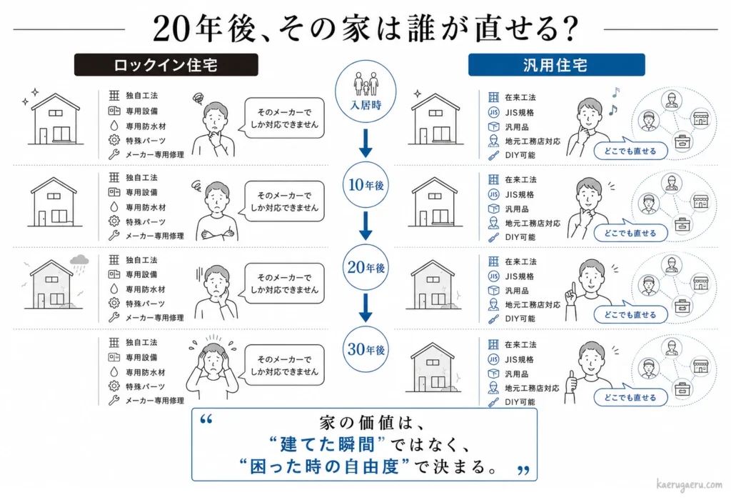「20年後、その家は誰が直せる？」をテーマに、ハウスメーカーのロックイン住宅（独自工法）と汎用住宅（在来工法）の未来の自由度を対比した図。左側の「ロックイン住宅」では、10年後、20年後、30年後と時間が経つにつれて家が傷んでも、地元の工務店、リフォーム会社、職人、DIYのすべてから「そのメーカーでしか対応できません」と修理を断られ、孤立無援になるプロセスを表現。右側の「汎用住宅」では、JIS規格や汎用品、オープンな在来工法により、20年後も「どこでも直せる」と周囲の業者や大工、DIYを含めて笑顔で味方が集まる様子を対比。「家の価値は、“建てた瞬間”ではなく、“困った時の自由度”で決まる。」という本質的なメッセージを提示している。