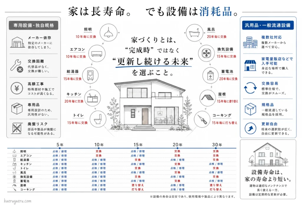「家は長寿命。でも設備は消耗品」という住宅のメンテナンス・交換周期を表現したタイムライン図。中央の住宅イラストを囲むように、エアコン10年、照明・給湯器・トイレ・換気設備・コーキング・屋根（塗り替え）15年、キッチン・風呂・蓄電池20年の交換目安周期が描かれている。左側には「専用設備・独自規格」のメーカー依存や廃盤リスク、右側には「汎用品・一般流通設備」の複数社対応や交換容易性のメリットが対比されている。下部には5年、10年、15年、20年、30年の点検・修理・交換スケジュールを表形式で掲載。