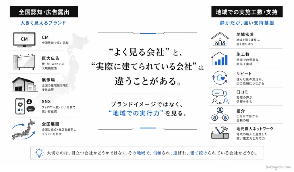 「よく見る会社」と「実際に建てられている会社」の違いを比較した図。広告露出によるブランドイメージよりも、地域密着や施工実績といった「地域での実行力」を重視すべきというメッセージが書かれています。