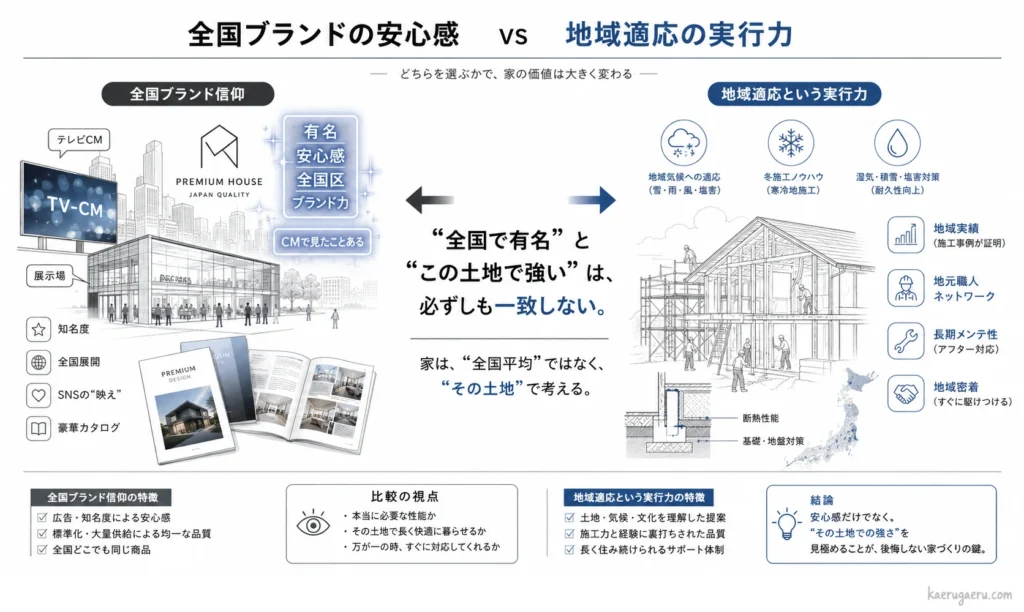 全国ブランドと地域適応の実行力の比較図。知名度や均一な品質を売りにする全国ブランドに対し、地域密着型は気候適応や地元職人、長期メンテなど「その土地での強さ」が特徴。家は全国平均ではなくその土地に合わせて考えるべきという結論を提示している。