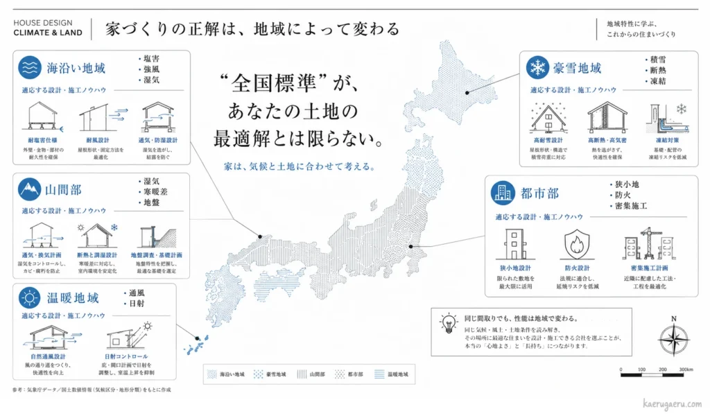 地域（海沿い、豪雪、山間部、都市部、温暖）ごとの気候や土地の特性に合わせた家づくりの重要性を説く図解。「全国標準が最適解とは限らない」とし、各地域の課題とそれに応じた設計・施工ノウハウを紹介しています。