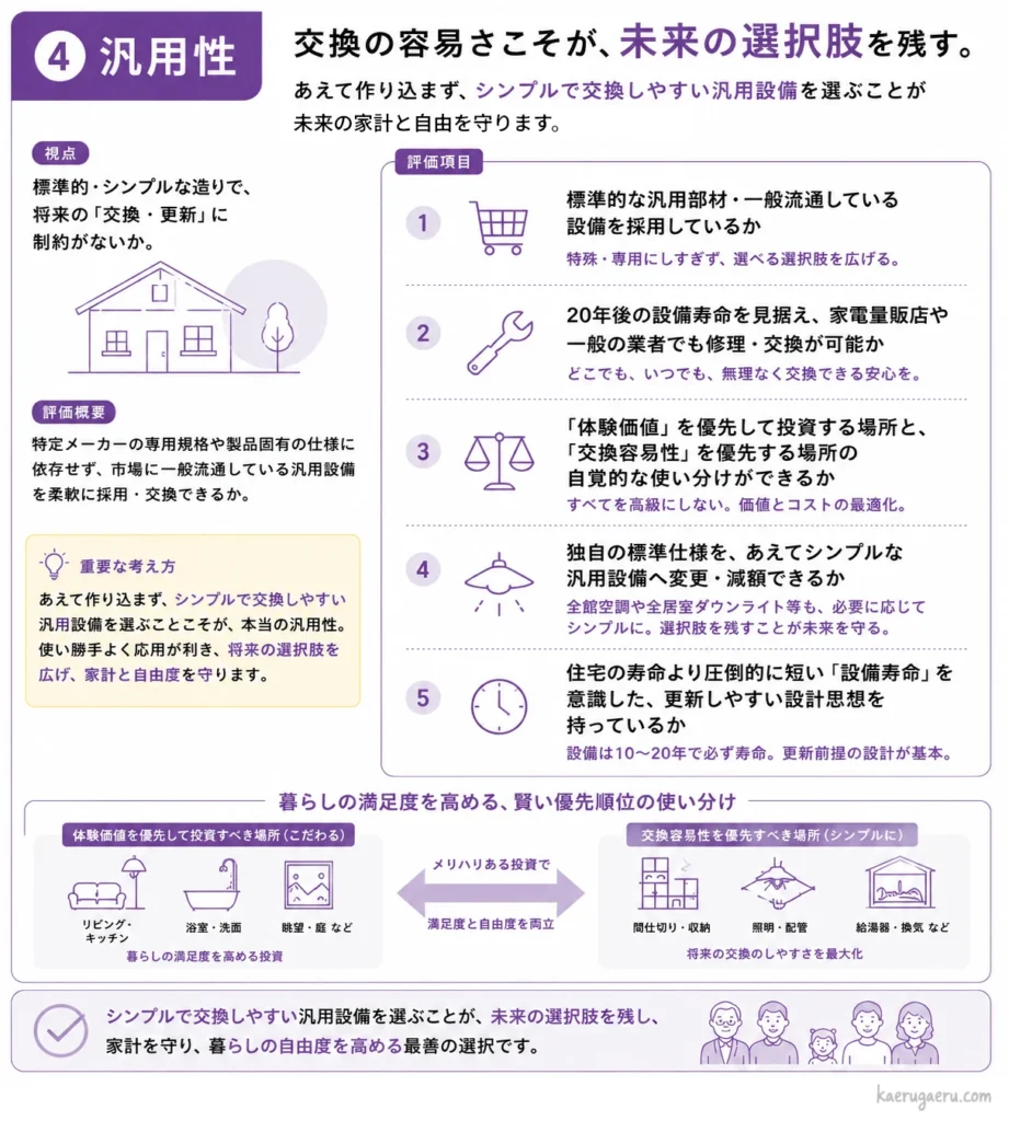 ハウスメーカー選びの評価軸「❹汎用性」の詳細を解説した図解。
見出しは「交換の容易さこそが、未来の選択肢を残す。あえて作り込まず、シンプルで交換しやすい汎用設備を選ぶことが未来の家計と自由を守ります。」
評価項目として次の5つを掲載。
1.標準的な汎用部材・一般流通している設備を採用しているか（特殊・専用にしすぎず、選べる選択肢を広げる）
2.20年後の設備寿命を見据え、家電量販店や一般の業者でも修理・交換が可能か（どこでも、いつでも、無理なく交換できる安心）
3.「体験価値」を優先して投資する場所と、「交換容易性」を優先する場所の自覚的な使い分けができるか（すべてを高級にしない。価値とコストの最適化）
4.独自の標準仕様を、あえてシンプルな汎用設備へ変更・減額できるか（全館空調や全居室ダウンライト等も、必要に応じてシンプルに。選択肢を残すことが未来を守る）
5.住宅の寿命より圧倒的に短い「設備寿命」を意識した、更新しやすい設計思想を持っているか（設備は10〜20年で必ず寿命。更新前提の設計が基本）
下部には、暮らしの満足度を高める、賢い優先順位の使い分けとして、リビング・キッチンなどの「体験価値を優先して投資すべき場所（こだわる）」と、照明・配管・給湯器などの「交換容易性を優先すべき場所（シンプルに）」を天秤の矢印で対比したイラストを掲載。