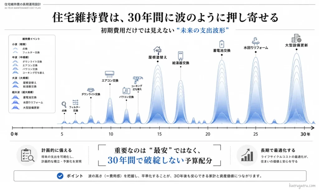 住宅維持費が30年間にわたり波のように発生することを表す図。点検、設備交換、リフォームなどの支出が時期ごとに可視化されており、初期費用だけでなく長期的な予算配分の重要性を伝えています。