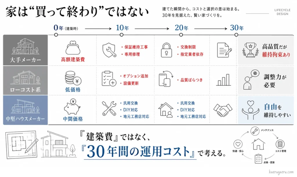 大手・ローコスト・中堅メーカーの30年間の運用コストと保守性の比較。中堅は汎用性が高く、将来の自由を維持しやすい。