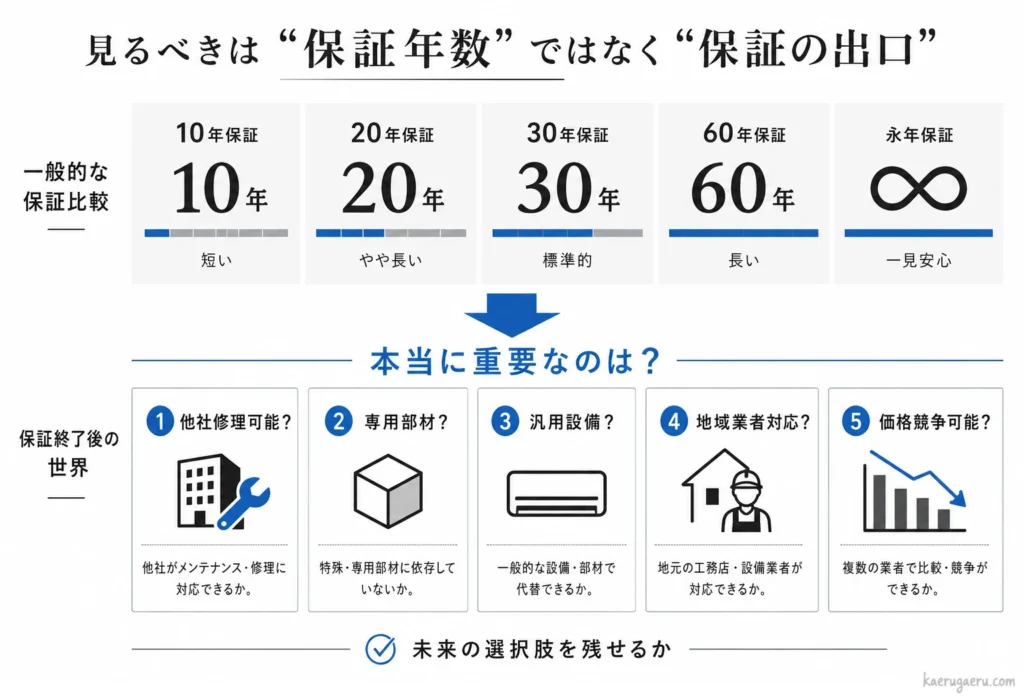 見るべきは保証年数ではなく「保証の出口」であるとし、保証終了後に他社修理が可能か、専用部材に依存していないか、汎用設備か、地域業者が対応できるか、価格競争ができるかという5つの視点で、未来の選択肢を残せるかを確認する重要性を説く図。