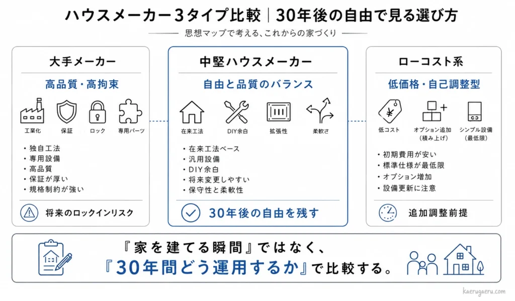 ハウスメーカー選びにおける「大手メーカー」「中堅メーカー（地元の雄）」「ローコスト系」の3つの選択肢をメリット・デメリットで整理した比較マップ。
①大手メーカー：特徴は「高品質・高拘束」。圧倒的な安心感はあるが、独自工法による縛りが強く費用が高い。
②ローコスト系：特徴は「低価格・自己調整型」。安価で市販設備が使いやすいが、こだわりを足すとオプション地獄になり、現場の品質担保（DX）に不安が残る。
③中堅メーカー：特徴は「自由と品質のバランス（最適解）」。広告費削減で現実的な見積もりであり、最初からバランスの取れた標準仕様が含まれ、将来の可変性（アップデートできる住まい）の余白がある。
結論として、「家を建てる瞬間」ではなく、30年間どう運用するかという視点で比較したことを示している。