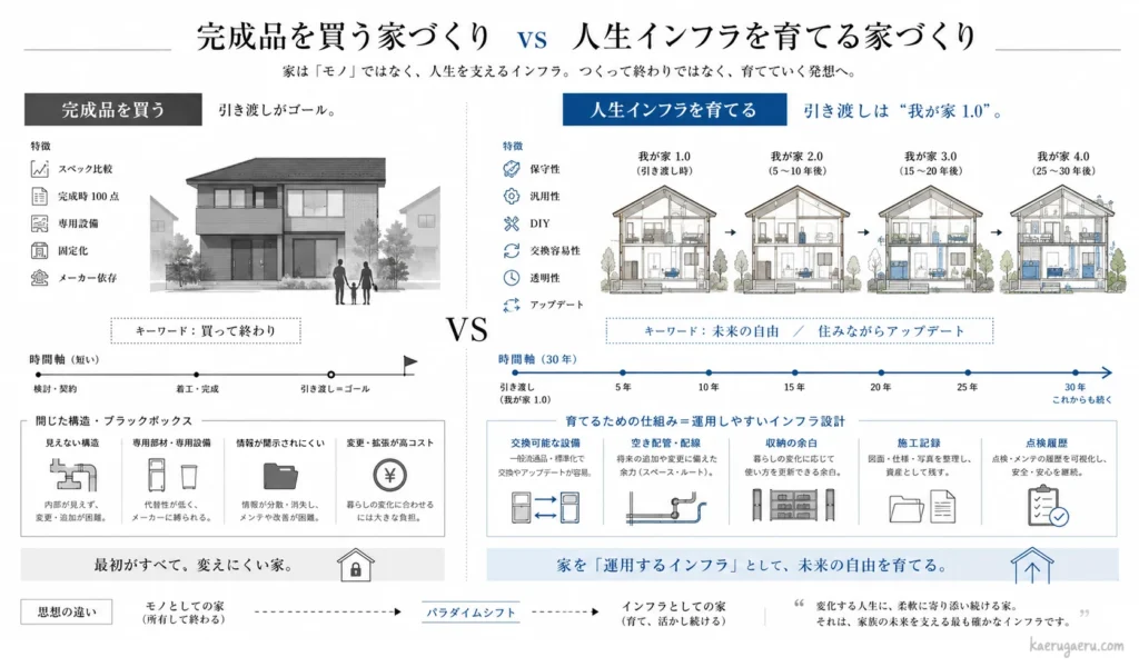 「完成品を買う家づくり」と「人生インフラを育てる家づくり」の比較図。引き渡しをゴールとする「モノ」の視点に対し、30年後までアップデートやメンテナンスを前提とした「インフラ」としての家づくりの違いを説明しています。