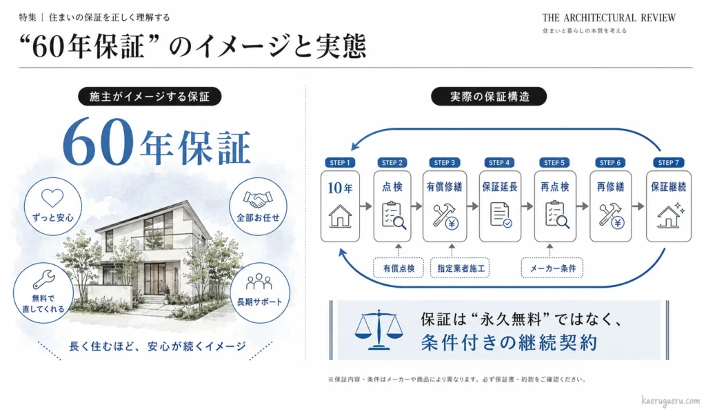 「60年保証」のイメージと実態の比較図。施主が抱く「無料で長期サポート」という理想に対し、実際は定期的な点検と有償修繕を条件に保証を更新し続ける「条件付きの継続契約」であることをフロー図で解説しています。