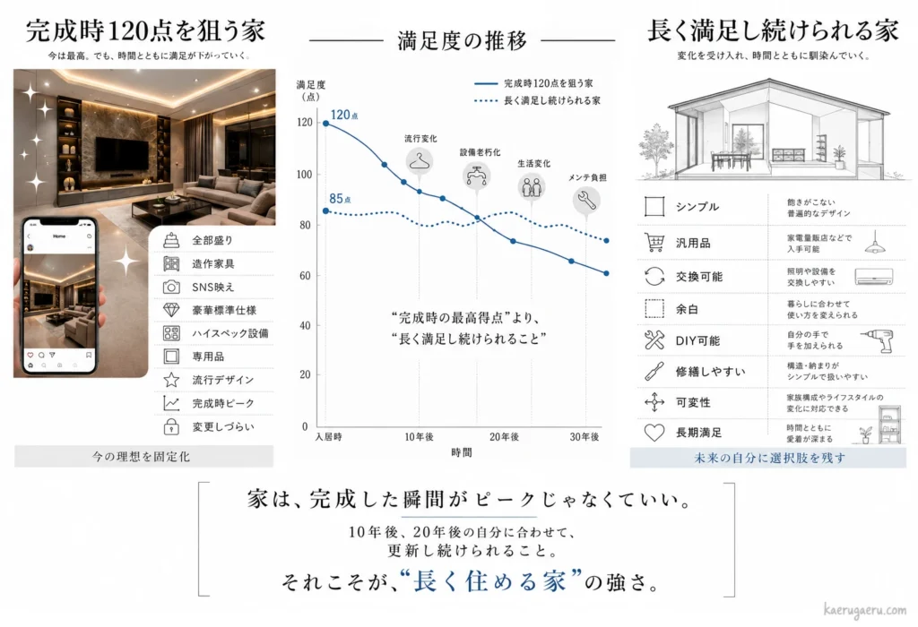 30年間の入居期間における「家づくりの満足度の推移」を比較した線グラフ。入居時120点の家（注文住宅・フル装備）は年数経過とともにライフスタイルの変化で満足度が右肩下がりに落ちるのに対し、あえて余白を残した家は30年間ずっと70点から90点の高い満足度を維持し続けることを可視化したグラフ。下部に「家は、完成した瞬間がピークじゃなくていい。」のキャッチコピー。
