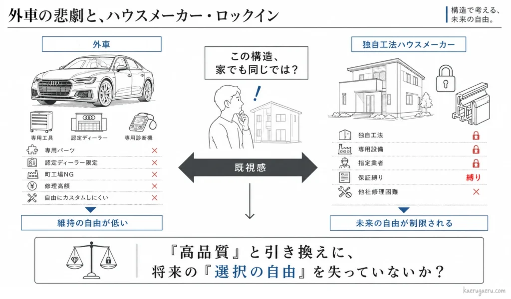中古の輸入車維持における不自由さと、大手ハウスメーカーの「独自工法・オリジナル部材」によるロックイン構造の共通点を比較した図解。
左側には「外車の悲劇」として、認定ディーラーでしか直せない不自由、一般の町工場では修理NG、専用パーツが高額であるリスクを記載。
右側には「大手ハウスメーカーのロックイン構造」として、独自工法により他社（地元の工務店など）が触れない不自由、リフォームの選択肢が限定、専用部材だらけで交換が困難・高額であるリスクを記載。
結論として、新築時の品質は高くても、将来の修理やリフォームを託す自由を奪う「不自由な壁」になるリスクを説明している。