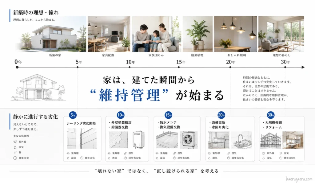 築0年から30年までの住宅メンテナンス年表。5年でシーリング劣化、10年で外壁塗装、15年で防水、20年で水回り、30年で大規模修繕など、経年劣化に応じた維持管理の必要性を解説する図解。