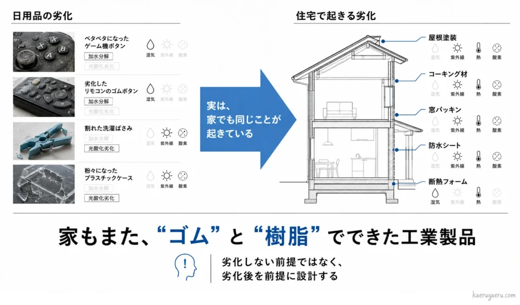 日用品の劣化と同様の現象が住宅のゴムや樹脂部材でも起きることを示す図。「家もまたゴムと樹脂でできた工業製品」であり、劣化後を前提とした設計の重要性を伝えています。