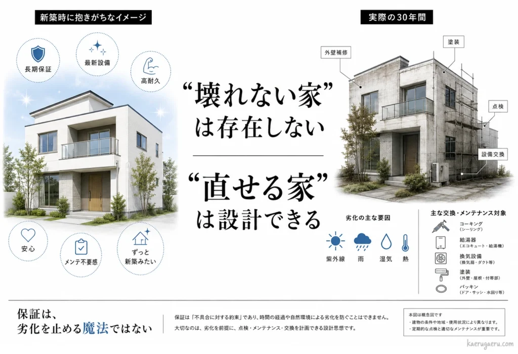 「壊れない家は存在しない、直せる家は設計できる」というメッセージを中心に、新築時の理想と30年後の現実を比較した図。劣化は避けられないため、点検やメンテナンスを前提とした設計の重要性を説明しています。