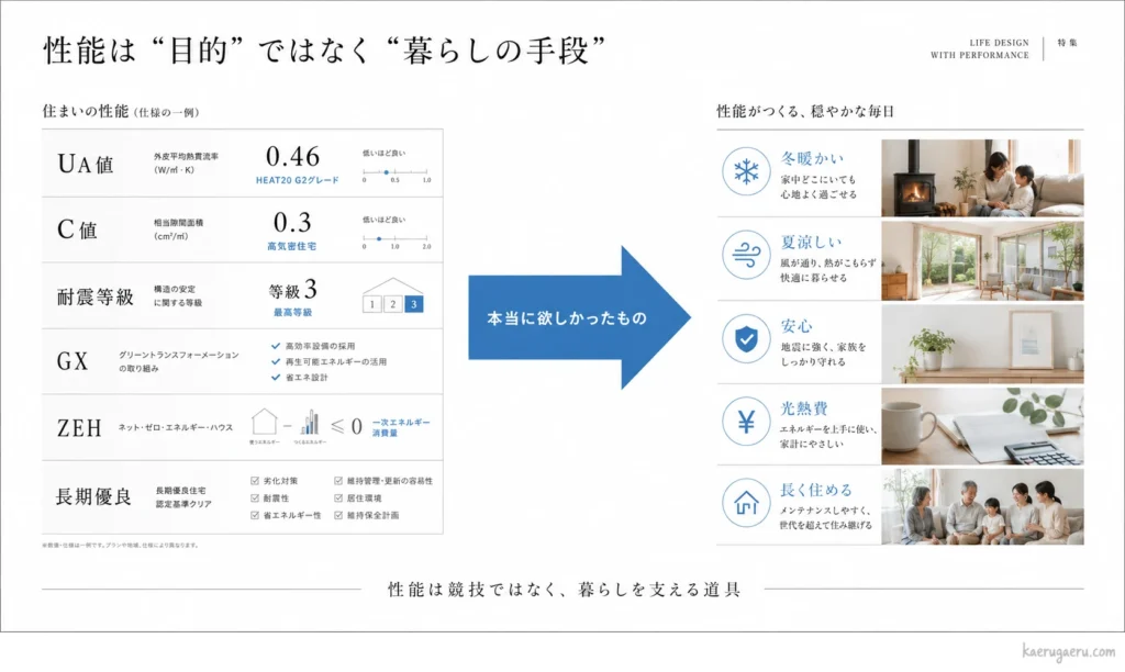 性能は「目的」ではなく「暮らしの手段」であることを示す図。UA値や耐震等級などの性能指標が、冬の暖かさや安心といった「本当に欲しかったもの」につながることを表しています。