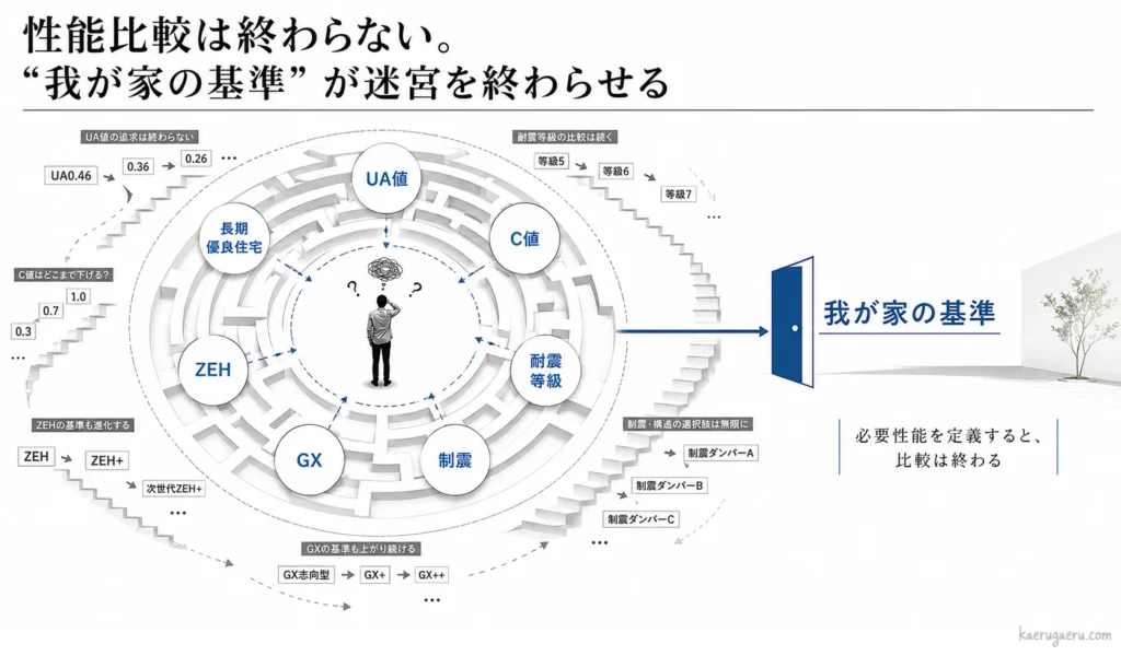 性能比較の迷宮から「我が家の基準」という出口へ向かう図。UA値や耐震等級などの数値を追い求めると比較は終わらないが、自分たちに必要な性能を定義することで迷宮を抜け出せることを表現しています。