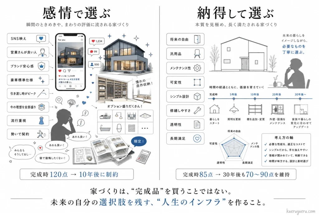 家づくりにおける「感情で選ぶ（瞬間的なときめきや流行重視）」と「納得で選ぶ（本質を見極め、長く満たされる家づくり）」の比較図解。感情で選ぶと完成時120点でも10年後に制約が生まれるリスクがある一方、納得で選ぶと完成時85点でも30年後も70〜90点を維持できる可変性を解説。下部には「家づくりは、“完成品”を買うことではない。未来の自分の選択肢を残す、“人生のインフラ”を作ること。」というキャッチコピーが記載されています。