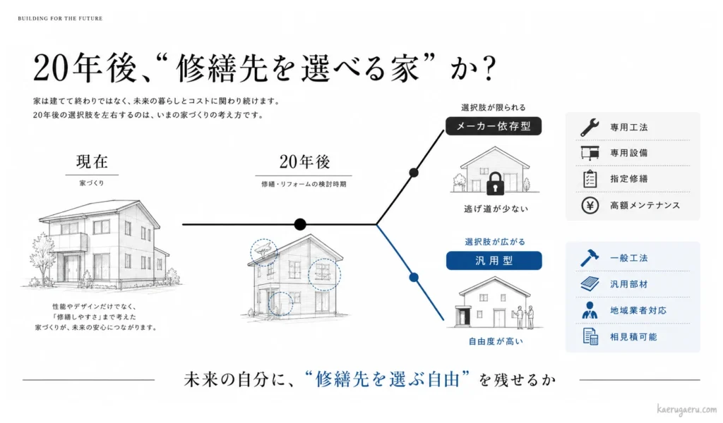 20年後の修繕における「メーカー依存型」と「汎用型」の比較図。メーカー依存型は専用工法等で選択肢が限られ高額になりやすい一方、汎用型は一般工法や汎用部材により修繕先の選択肢が広がり自由度が高いことを説明しています。