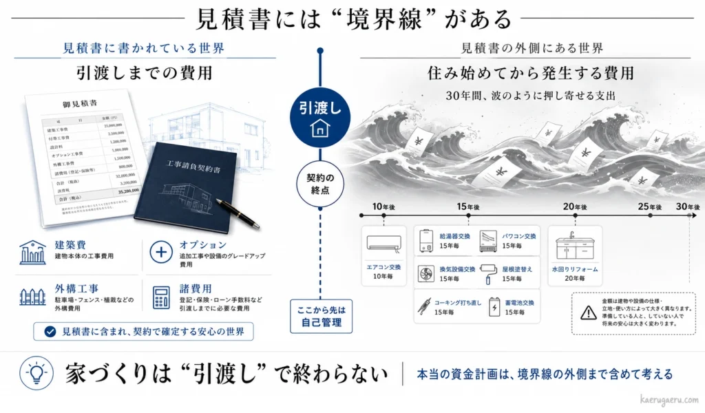 見積書には境界線があるという図解。左側に引渡しまでの費用（建築費や諸費用）、右側に住み始めてから発生する維持管理費（エアコン、給湯器、外壁塗装など）を配置し、引渡し後も多額の費用がかかることを示している。