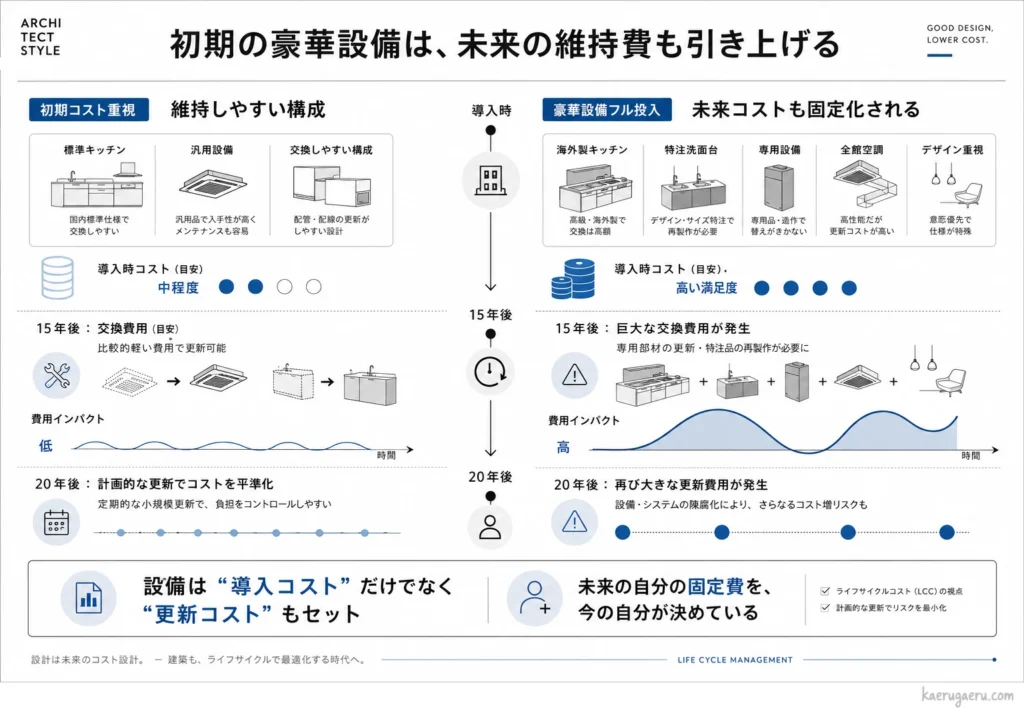 初期コスト重視の維持しやすい構成と、豪華設備を導入した場合の維持費の比較図。豪華な設備ほど15〜20年後の交換・更新費用が高額になり、将来の費用インパクトが大きくなることを示しています。