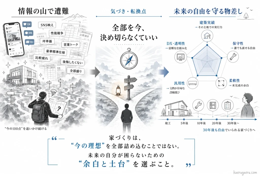 家づくりの迷路から脱出するロードマップ図。左側には情報過多で遭難している施主、中央には「今すべてを決め切らなくていい」という気づき、右側には「建築実績・保守性・柔軟性・汎用性・DX透明性」の5つの評価軸を表すレーダーチャートが描かれている。下部に「家づくりは、“今の理想”を全部詰め込むことではない。未来の自分が困らないための“余白と土台”を選ぶこと。」のメッセージ。