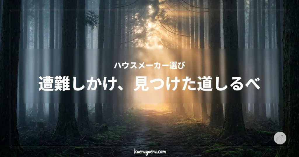 ハウスメーカー選びで迷走し遭難しかけた人に向けた、霧深い森の奥から光が差し込むアイキャッチ画像