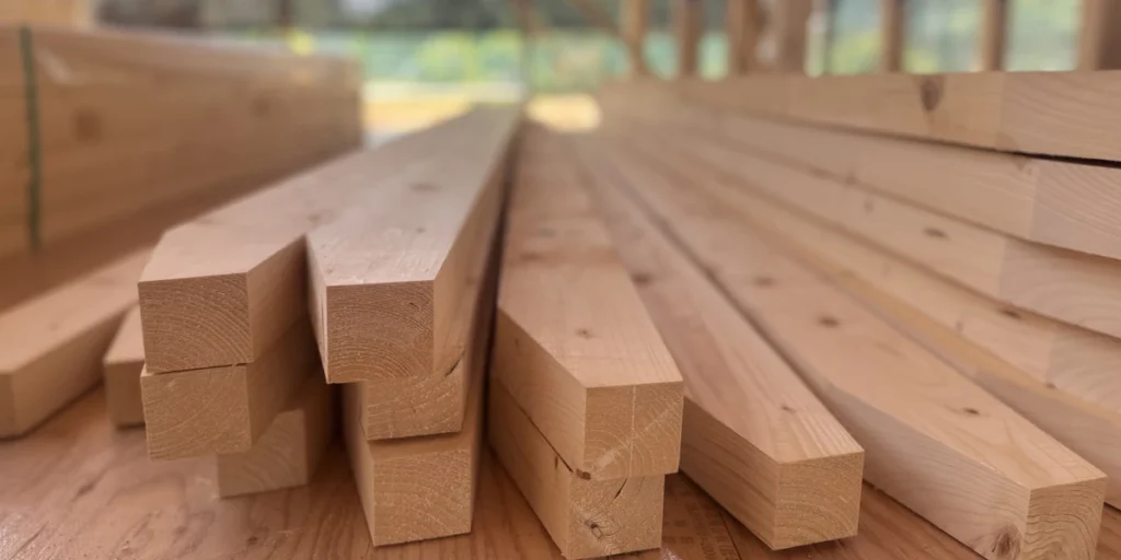 建築現場に積み上げられた、上棟後に使用する木材の柱や梁。