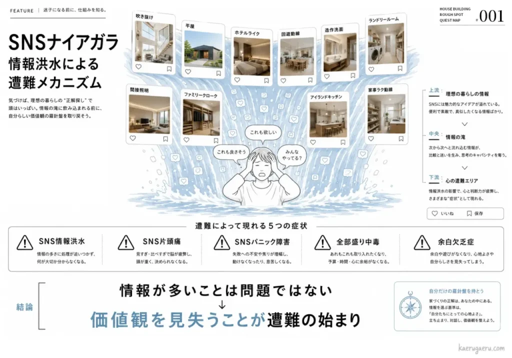 SNSの情報洪水により家づくりで自分を見失うメカニズムの図解。膨大な情報に圧倒され判断力が低下する「遭難」状態を説明し、情報が多いこと自体よりも、自分の価値観を見失うことが問題であると結論づけています。