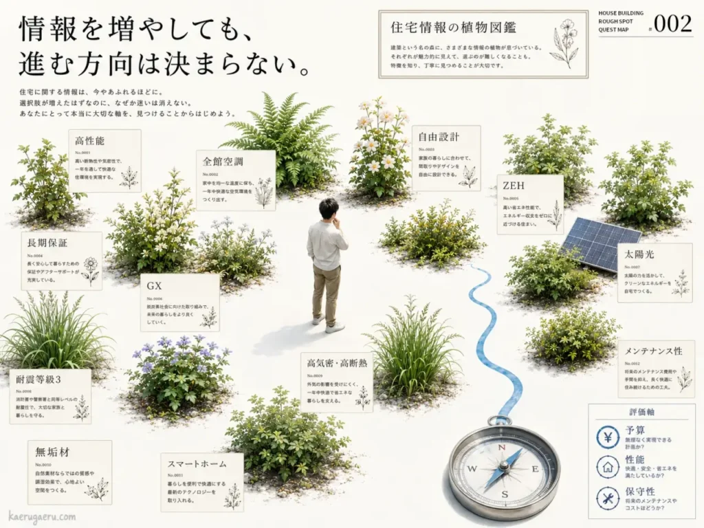 「住宅情報の植物図鑑」と題し、高性能や自由設計など12の住宅要素を植物に見立てた図解。情報の多さに迷う人と、判断基準（予算・性能・保守性）を示すコンパスが描かれています。