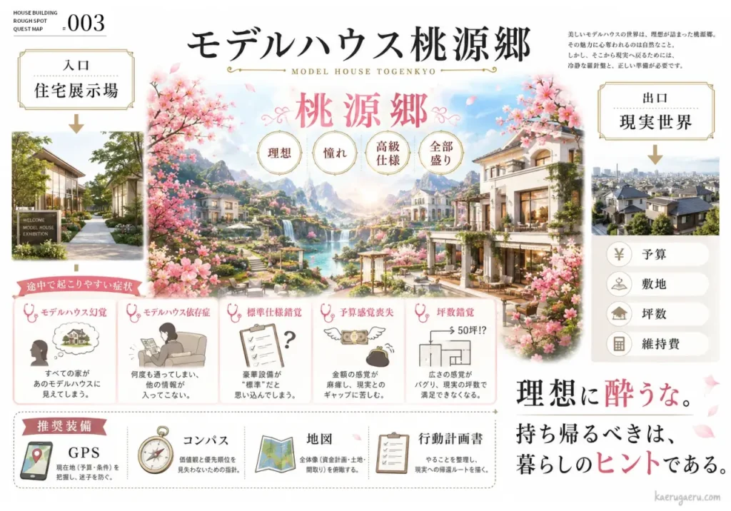 住宅展示場を「桃源郷」に例え、理想と現実のギャップや陥りやすい錯覚、冷静な判断のための推奨装備を解説するインフォグラフィック。「理想に酔わず、暮らしのヒントを持ち帰ろう」というメッセージを伝えています。