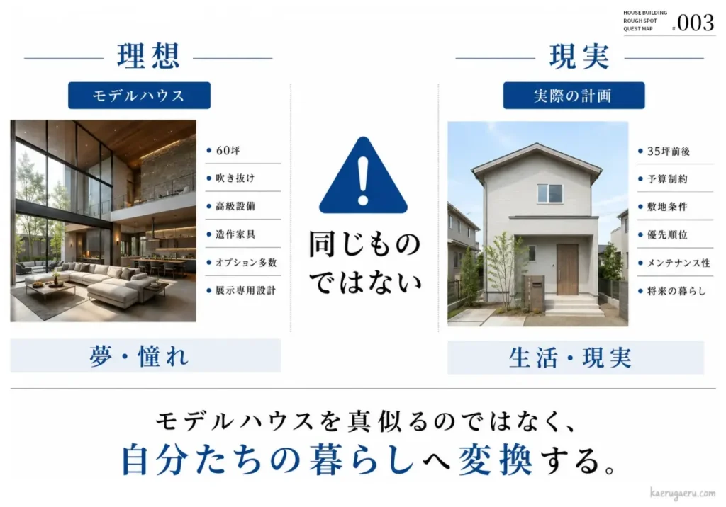理想のモデルハウスと現実の計画を比較した図。モデルハウスは展示用で現実とは異なると警告し、自分たちの暮らしへ変換することを提案しています。