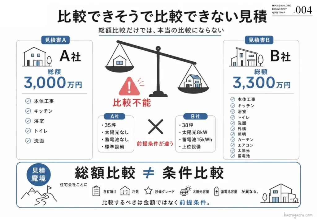 総額だけで住宅会社の見積を比較するのは不適切であると説明する図解。坪数や設備などの前提条件が異なるため、金額ではなく内容で比較すべきであることを示しています。