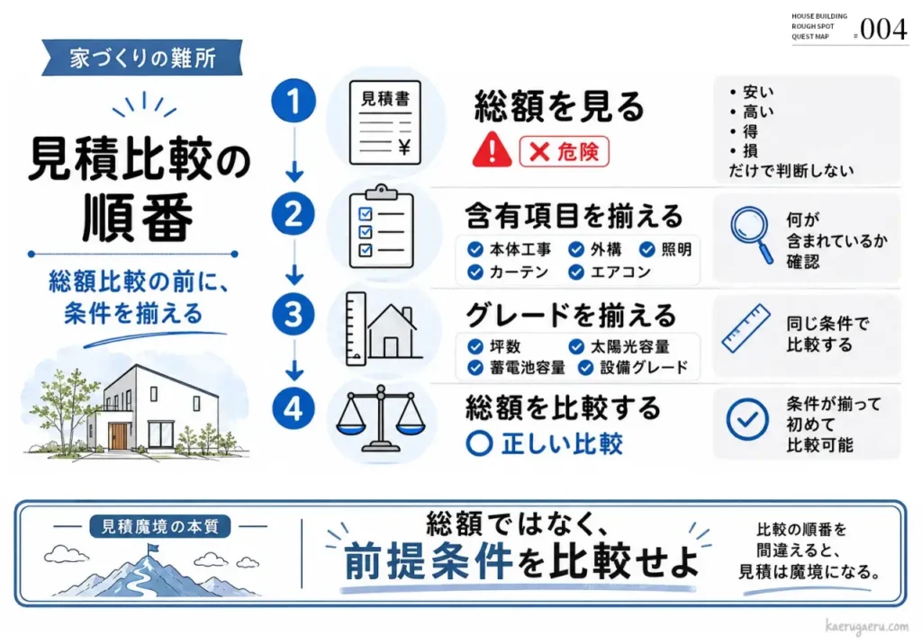 見積比較の順番：1.総額を見る、2.含有項目を揃える、3.グレードを揃える、4.総額を比較する。総額だけで判断せず、前提条件を揃えてから比較することが重要であると説明しています。
