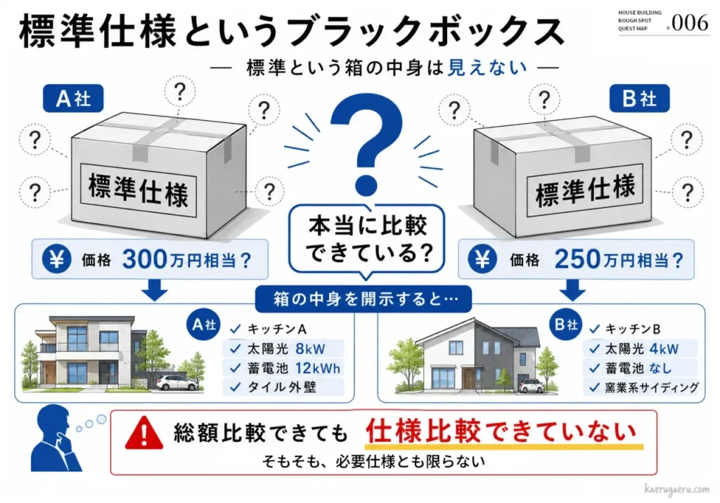 「標準仕様というブラックボックス」の図解。A社とB社の価格を比較しても、太陽光や蓄電池などの内訳が異なるため、総額比較だけでは仕様の比較にならないことを説明しています。
