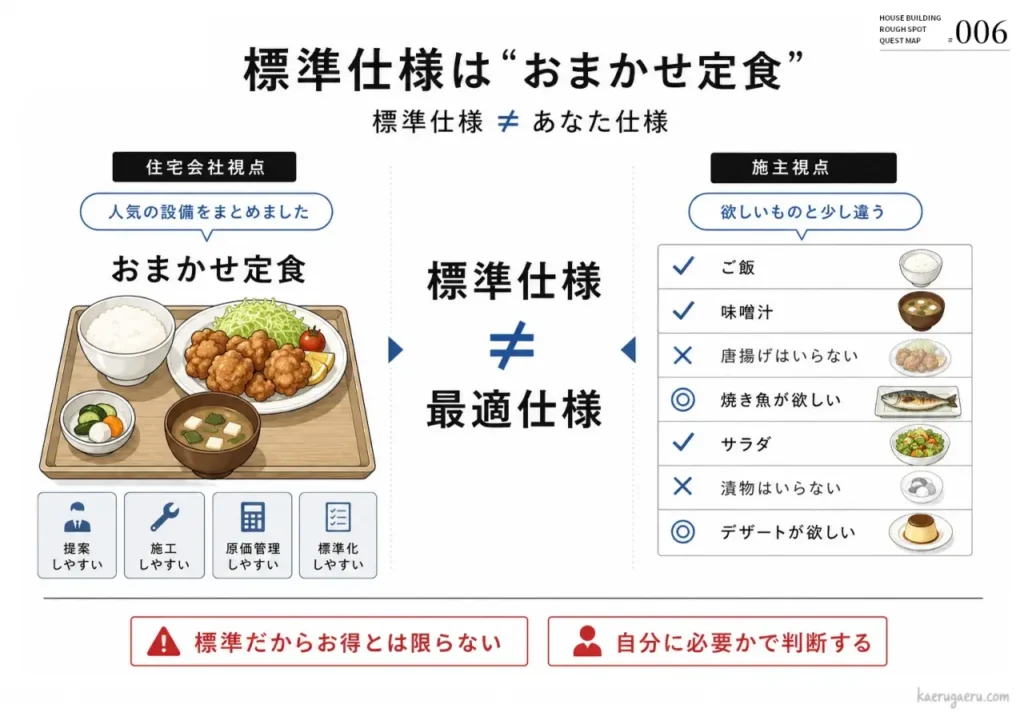 標準仕様をおまかせ定食に例え、住宅会社がまとめた標準の設備が施主の要望（最適仕様）と必ずしも一致しないことを説明する図。標準だからとお得に思わず、自分に必要かどうかで判断することを推奨しています。