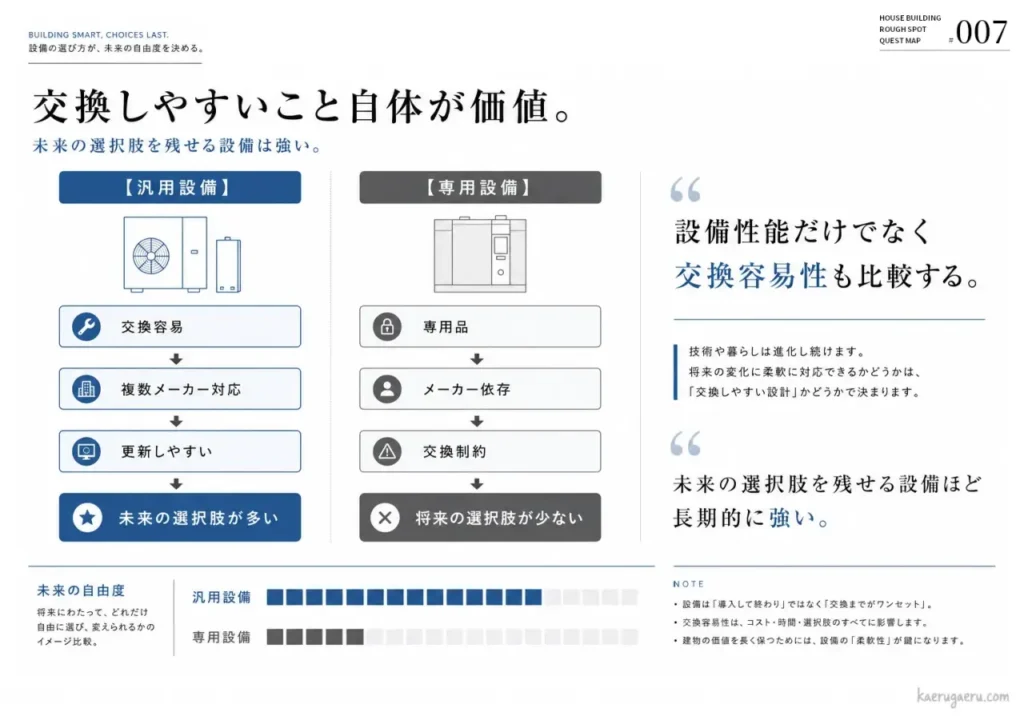 「交換しやすいこと自体が価値」をテーマに、汎用設備と専用設備を比較した図解。汎用設備は交換が容易で将来の選択肢が多い一方、専用設備はメーカー依存で制約が多いことを示し、汎用設備の将来の自由度の高さを強調しています。