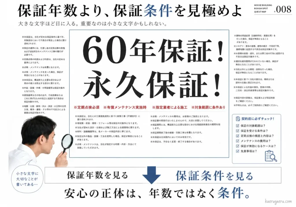 保証年数より保証条件を見極める重要性を説く画像。60年保証などの大きな文字だけでなく、定期点検や有償メンテナンスの要否、対象範囲などの細かい条件を確認するよう促しています。