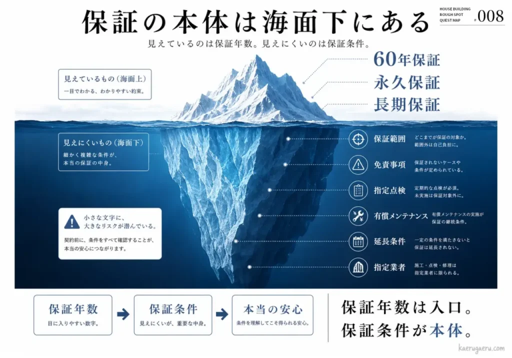 氷山のイラストを用いて、目に見える「保証年数」よりも、海面下に隠れた「保証範囲」や「免責事項」などの「保証条件」こそが重要であることを説明するインフォグラフィック。