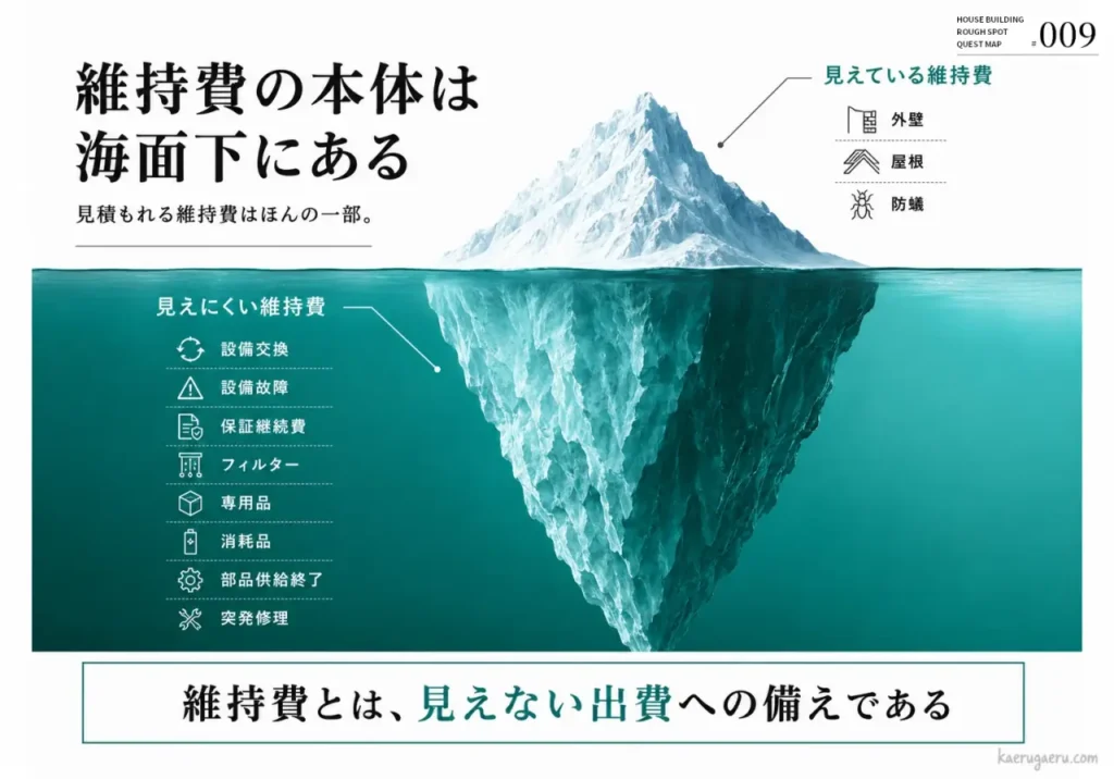 「維持費の本体は海面下にある」という氷山の図。海面上の「見えている維持費」は外壁や屋根のみだが、海面下には設備交換、故障、消耗品、突発修理など多くの「見えにくい維持費」が存在することを示している。