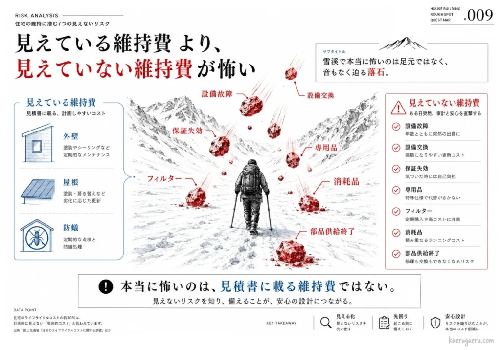 住宅維持費には、外壁等の計画的な「見えている維持費」と、設備故障等の突発的な「見えていない維持費」があることを、登山者に降り注ぐ落石のメタファーで解説するインフォグラフィック。