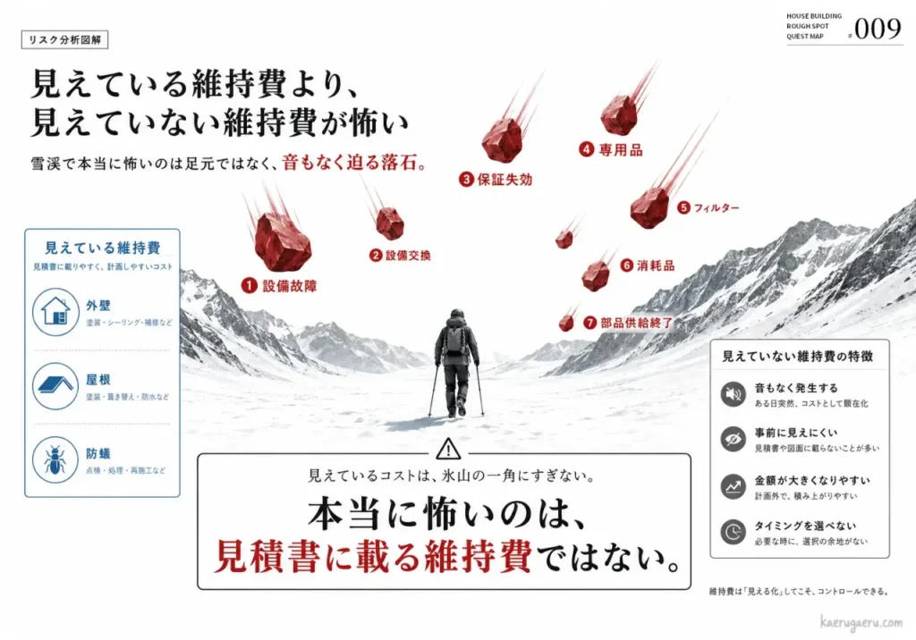 見えている維持費（外壁・屋根等）と、ハウスメーカーの提示資料に載らない「見えていない維持費」（設備故障・消耗品等）のリスクを雪山の落石に例えた図解。突発的に発生する見えないコストの把握と可視化の重要性を説明しています。
