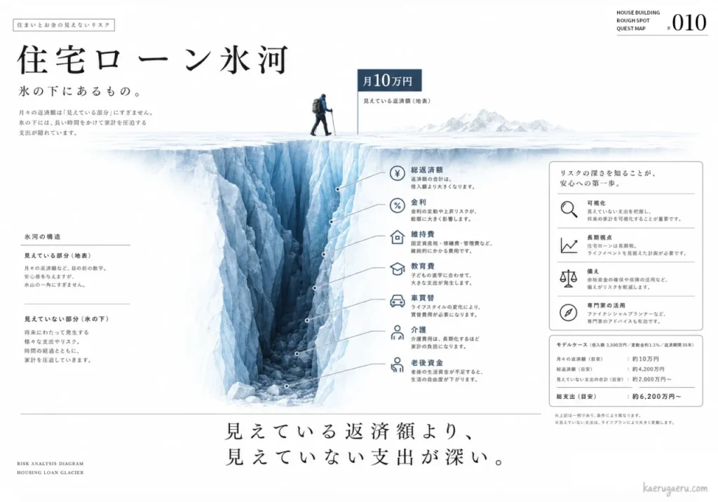住宅ローンの返済を氷河に例えた図解。月々の返済額という表面的な数字に対し、氷の下には金利や維持費、教育費、老後資金などの膨大な「見えない支出」が隠れていることを説明しています。