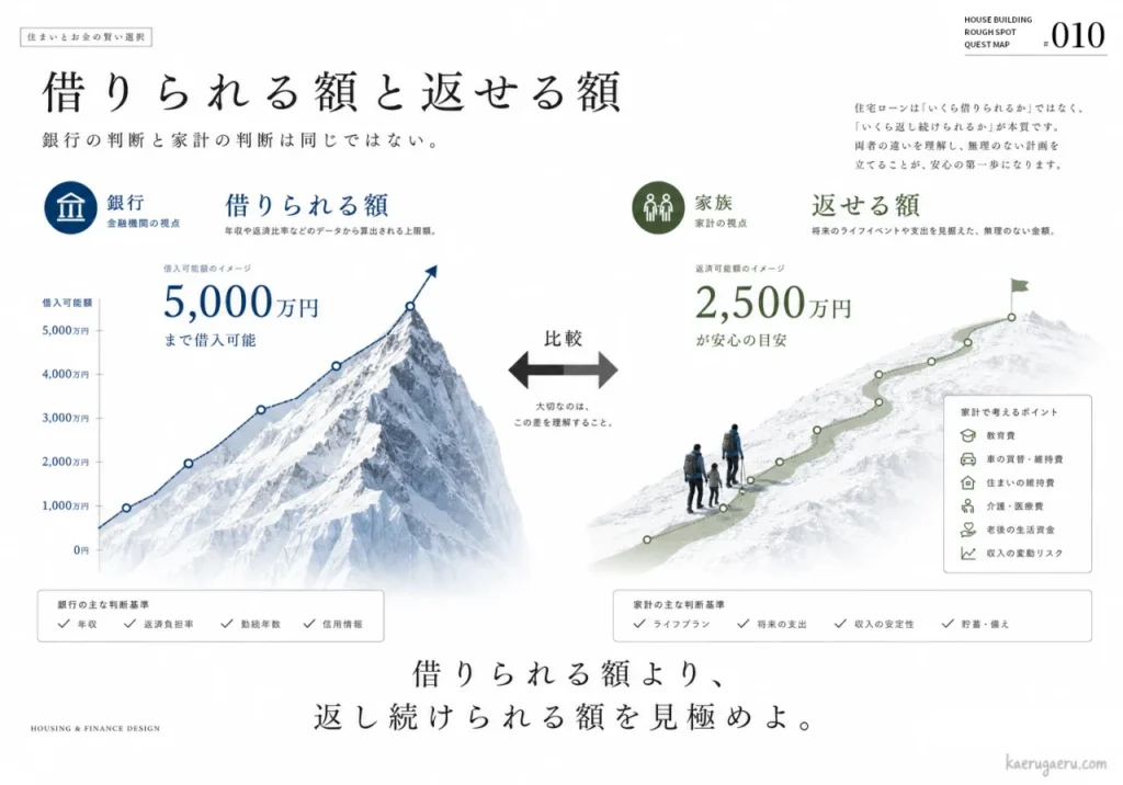 銀行の「借りられる額」と家計の「返せる額」の違いを比較した図解。銀行基準の借入上限（例：5,000万円）に対し、将来の支出を考慮した安心な返済額（例：2,500万円）は低くなることを示し、無理のない計画を促しています。