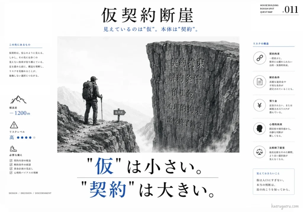 「仮契約断崖」の図解。登山者が小さな「仮契約」の看板の先に、契約拘束や解約条件などのリスクが刻まれた巨大な断崖を見上げている。「『仮』は小さい。『契約』は大きい。」という言葉で、仮契約に潜む重大なリスクを警告している。